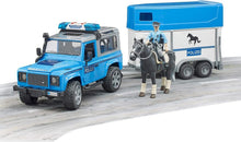 Carica l'immagine nel visualizzatore di Gallery, BRUDER Land Rover Defender Polizia con rimorchio, cavallo e poliziotto 02588