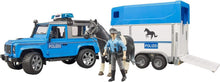 Carica l'immagine nel visualizzatore di Gallery, BRUDER Land Rover Defender Polizia con rimorchio, cavallo e poliziotto 02588