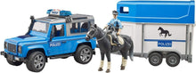 Carica l'immagine nel visualizzatore di Gallery, BRUDER Land Rover Defender Polizia con rimorchio, cavallo e poliziotto 02588