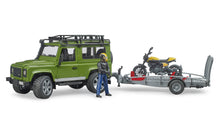 Carica l'immagine nel visualizzatore di Gallery, BRUDER Land Rover Defender con rimorchio e Ducati Scrambler Full Throttle 02589
