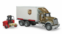 Carica l&#39;immagine nel visualizzatore di Gallery, BRUDER MACK Granite camion UPS portacontainer con muletto 02828
