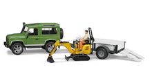 Carica l'immagine nel visualizzatore di Gallery, Land Rover Defender c/rim.trasp. JCB Micro escavatore con figura BRUDER 02593
