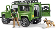 Carica l'immagine nel visualizzatore di Gallery, BRUDER Land Rover Defender Station Wagon con forestale e cane 02587

