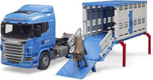 Carica l'immagine nel visualizzatore di Gallery, BRUDER Scania R-Series camion trasporto bestiame con un bovino 03549

