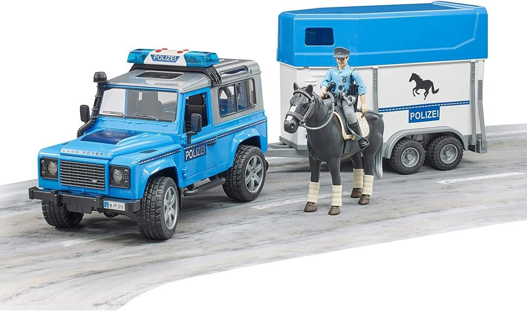 BRUDER Land Rover Defender Polizia con rimorchio, cavallo e poliziotto 02588