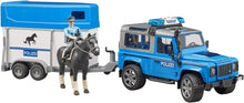 Carica l&#39;immagine nel visualizzatore di Gallery, BRUDER Land Rover Defender Polizia con rimorchio, cavallo e poliziotto 02588
