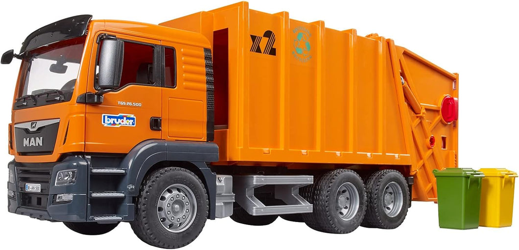 BRUDER MAN TGS camion trasporto rifiuti arancione 03760