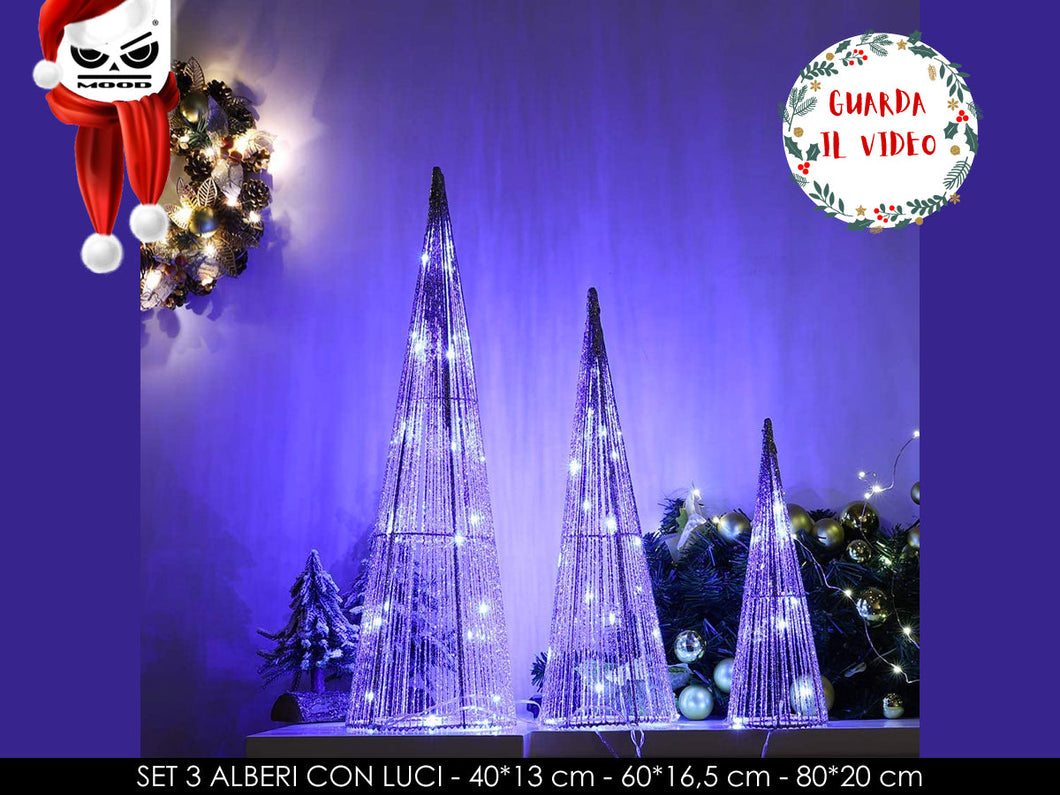 ALBERI CON LUCI INTEGRATE GLITTER SILVER SET 3 PZ XT2673