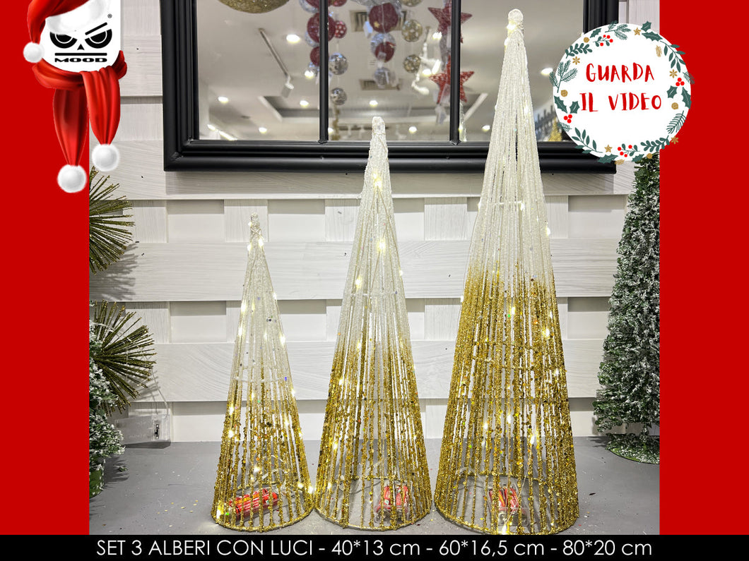 ALBERI CON LUCI INTEGRATE GLITTER GOLD SET 3 PZ XT2674